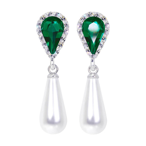 #17497 Emerald Halo Pear Earrings with White Pearl Drop - Post Silver