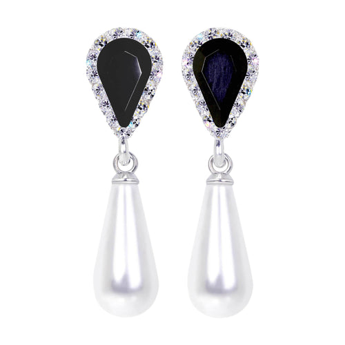 #17497 Jet Halo Pear Earrings with White Pearl Drop - Post Silver