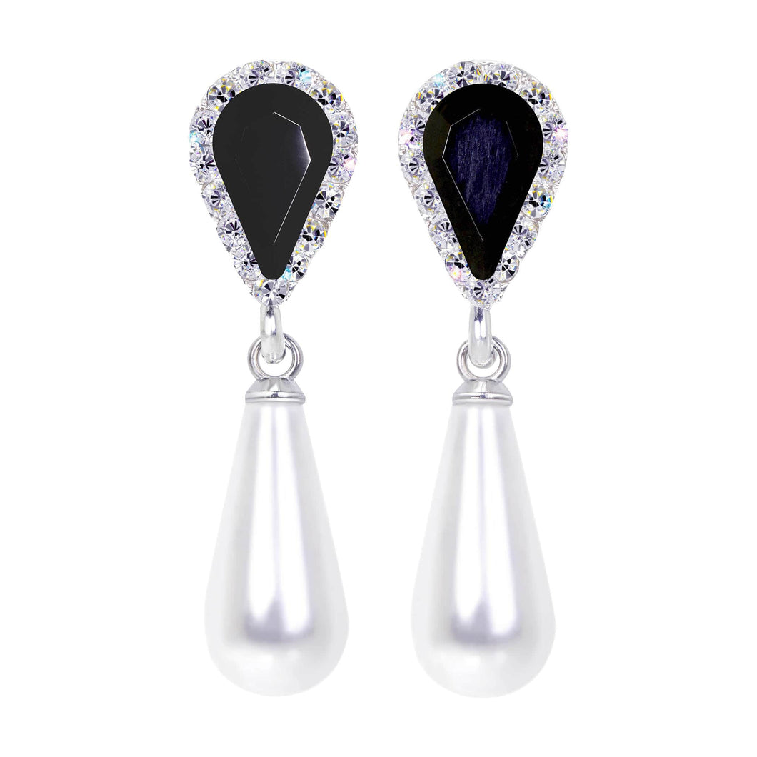 #17497 Jet Halo Pear Earrings with White Pearl Drop - Post Silver