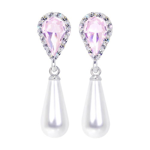 #17497 Light Rose Halo Pear Earrings with White Pearl Drop - Post Silver