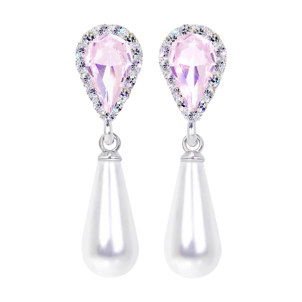 #17497 Light Rose Halo Pear Earrings with White Pearl Drop - Post Silver