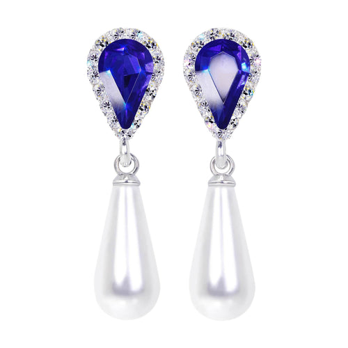 #17497 Sapphire Halo Pear Earrings with White Pearl Drop - Post Silver
