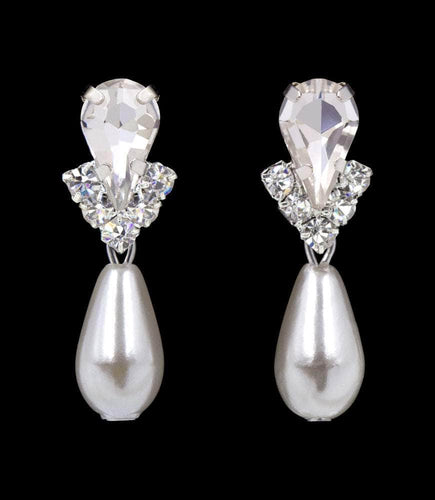 #5538XS - Rhinestone Pear V Pearl Drop Earrings - Crystal Silver Plated