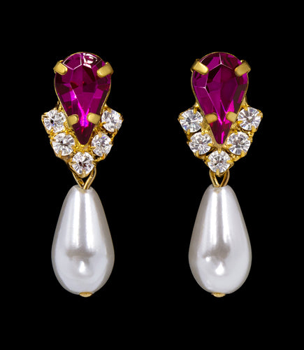 #5538FUCHG - Rhinestone Pear V Pearl Drop Earrings - Fuchsia Gold Plated